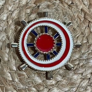 Nautical Brooch Ships Wheel Helm Red Cream and Blue Gold tone 2.5 inch diameter